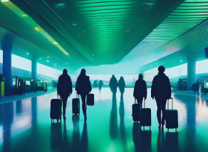 Imagen de personas desplazandose tranquilas por el hall de un aeropuerto